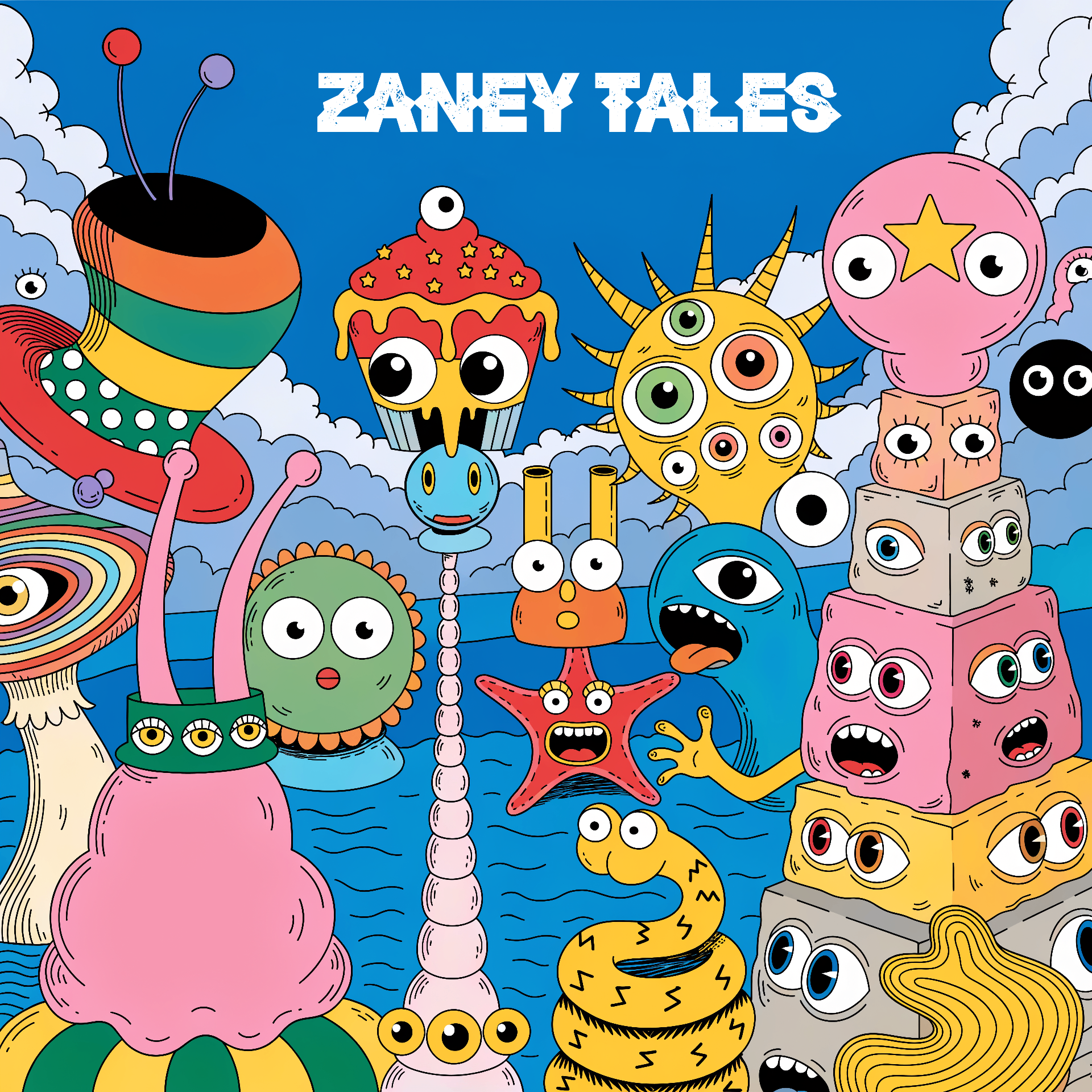 Zaney Tales — a colourful crowd of quirky cartoon creatures beneath a bright blue sky